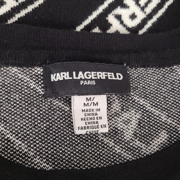KARL LAGERFELD Diagonal Logo Sweater Medium Black White Crew Neck Bishop Sleeve - Picture 9 of 12